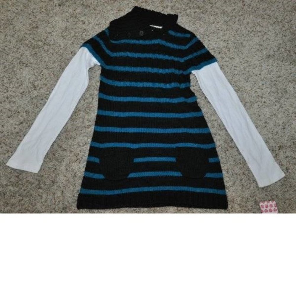 Girls Sweater 14 Blue Black Striped Mock Long Sleeve Cowl Neck Energie